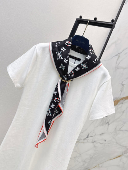 26ss Long T-shirt with silk scarf embellishment