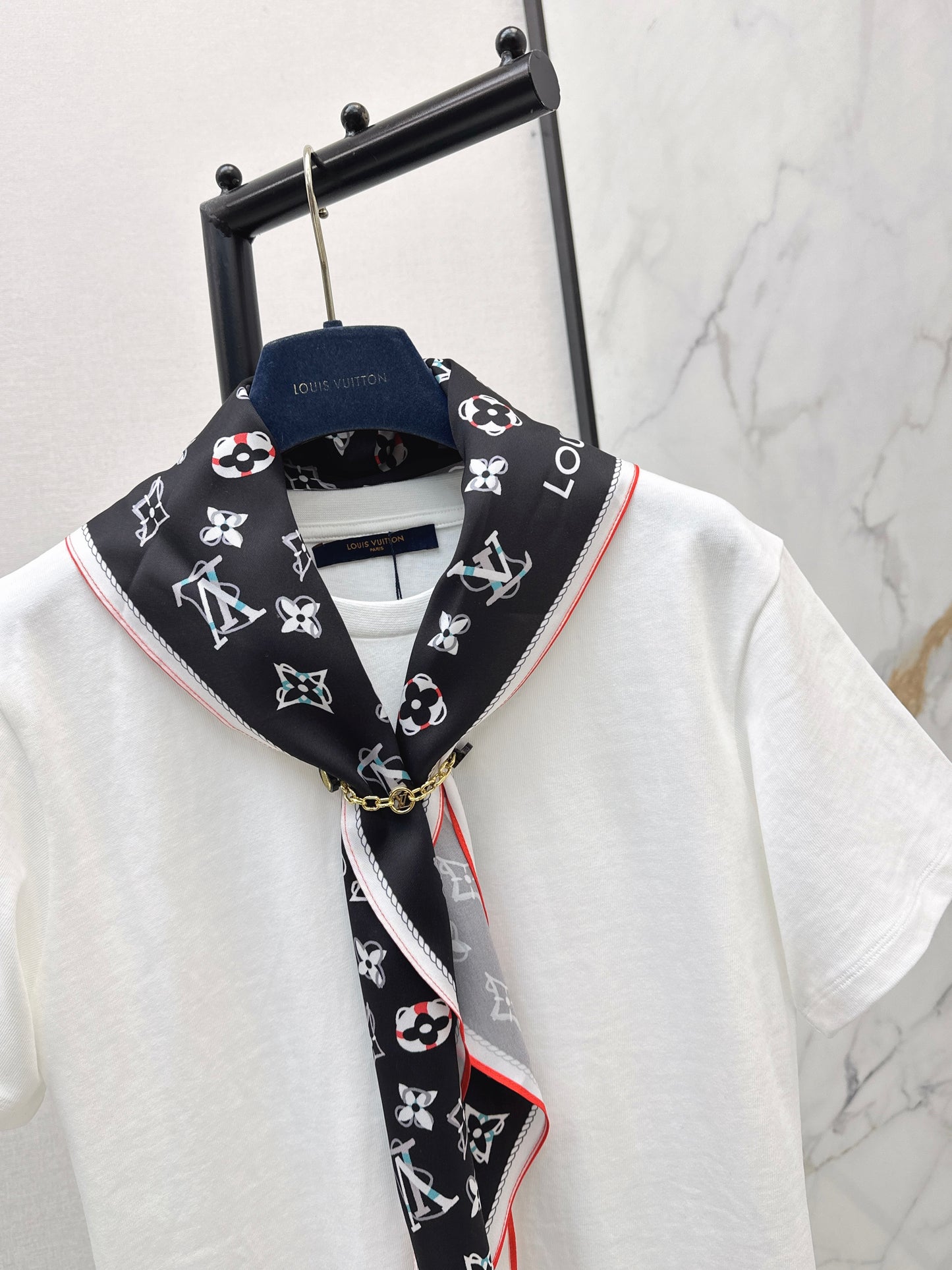 26ss Long T-shirt with silk scarf embellishment