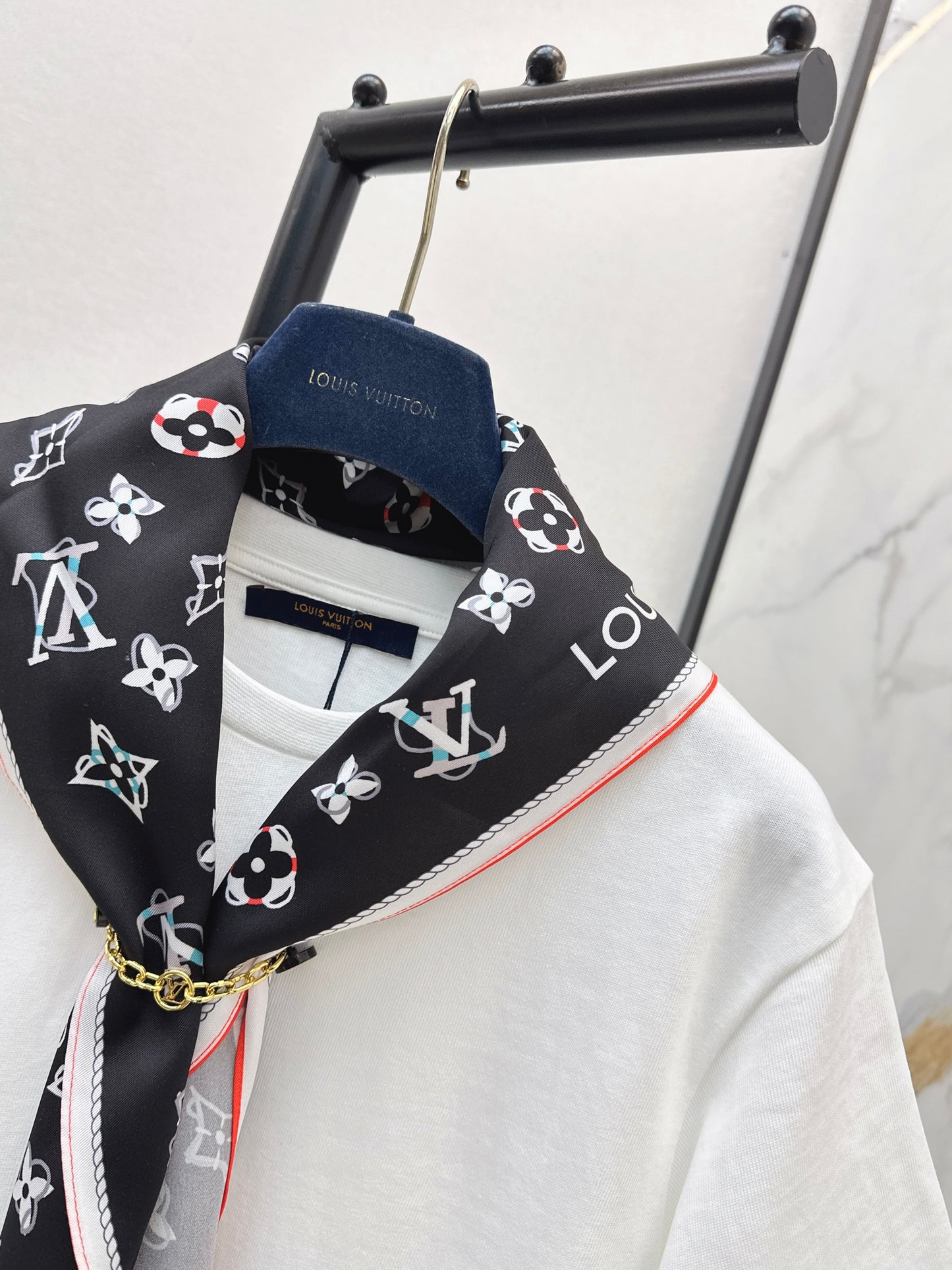 26ss Long T-shirt with silk scarf embellishment
