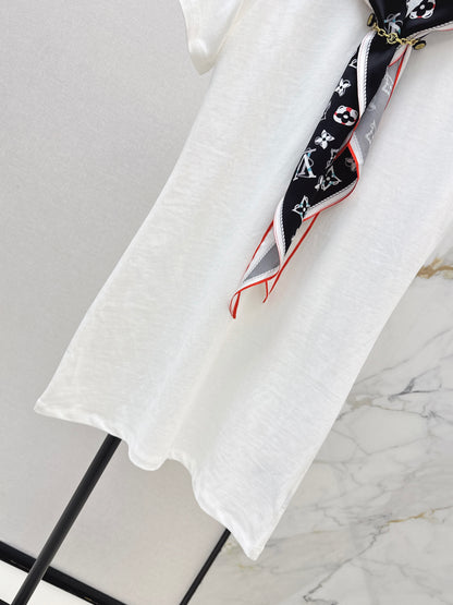 26ss Long T-shirt with silk scarf embellishment
