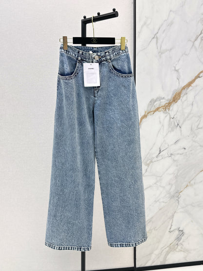 26ss Wide-leg jeans with embroidered cable knit trim