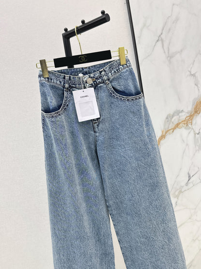 26ss Wide-leg jeans with embroidered cable knit trim