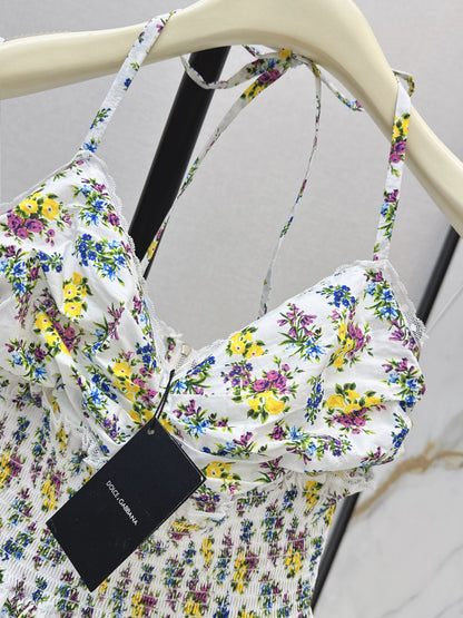 26ss Floral Print Halter Neck Strapless Dress
