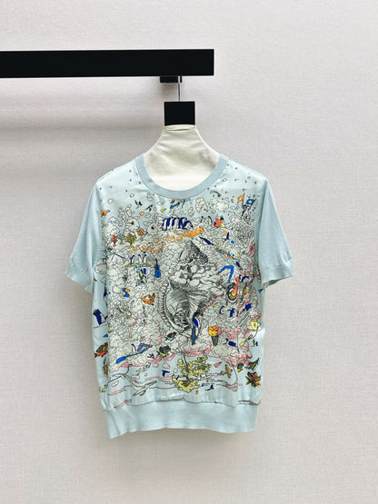 26ss Printed Pattern Patchwork Knit T-Shirt