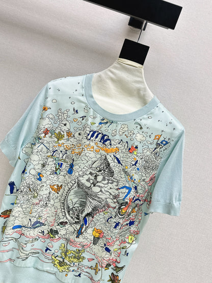 26ss Printed Pattern Patchwork Knit T-Shirt
