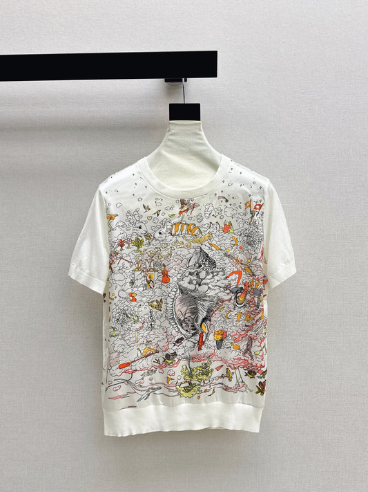 26ss Printed Pattern Patchwork Knit T-Shirt