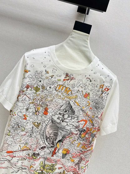 26ss Printed Pattern Patchwork Knit T-Shirt