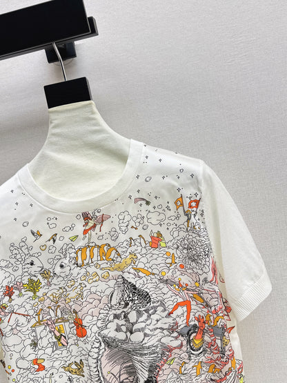 26ss Printed Pattern Patchwork Knit T-Shirt