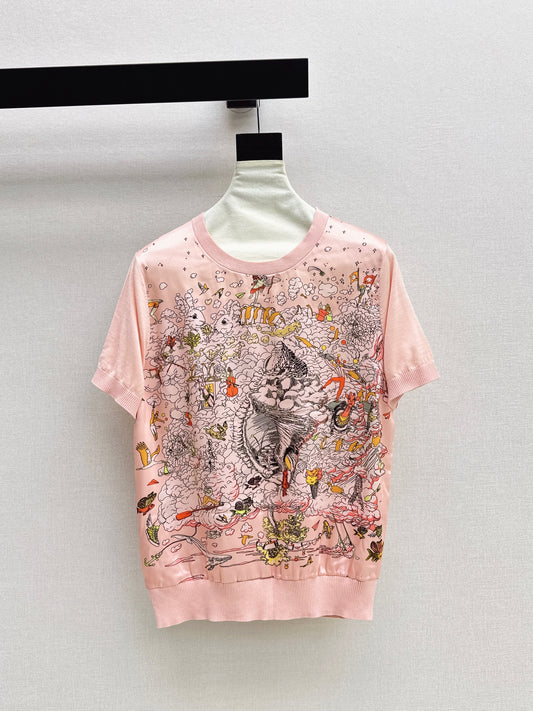 26ss Printed Pattern Patchwork Knit T-Shirt
