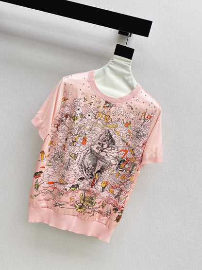 26ss Printed Pattern Patchwork Knit T-Shirt