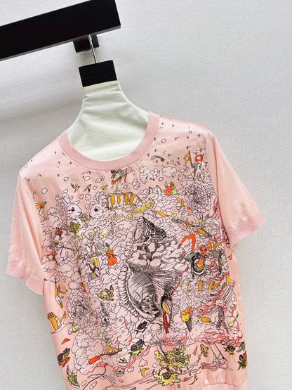 26ss Printed Pattern Patchwork Knit T-Shirt