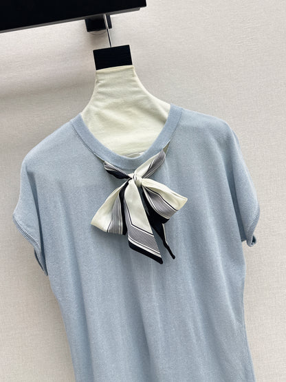 26ss Scarf-embellished knit T-shirt