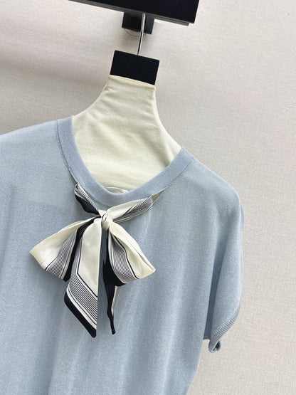 26ss Scarf-embellished knit T-shirt