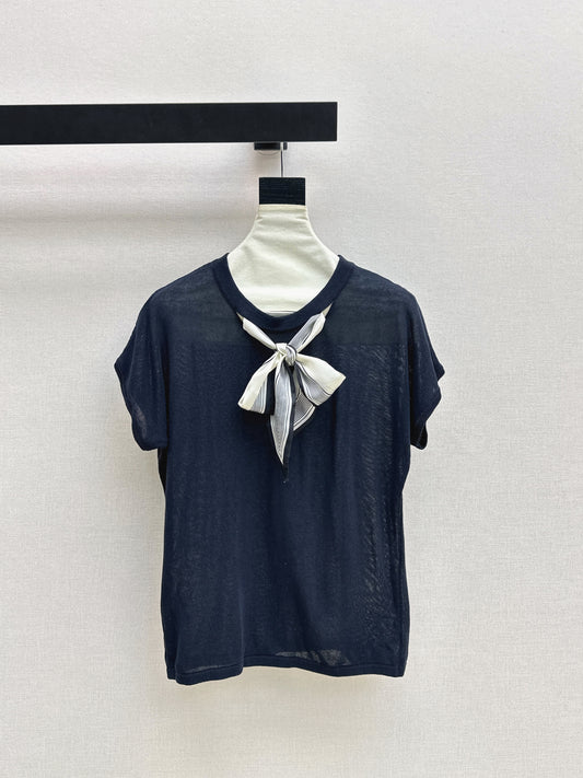 26ss Scarf-embellished knit T-shirt