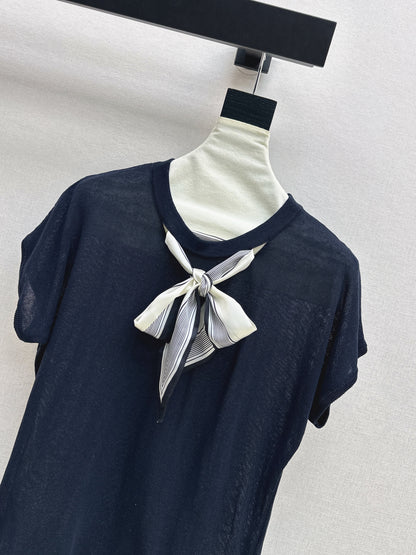 26ss Scarf-embellished knit T-shirt