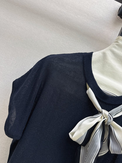 26ss Scarf-embellished knit T-shirt