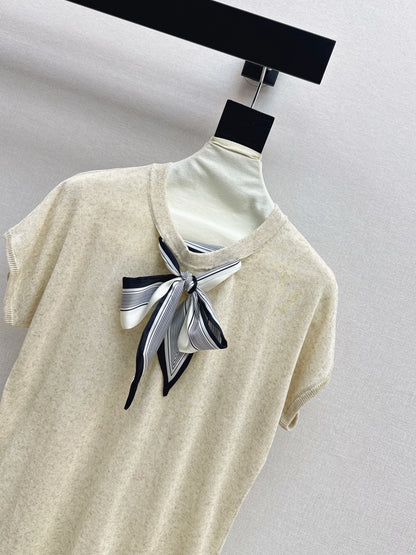 26ss Scarf-embellished knit T-shirt