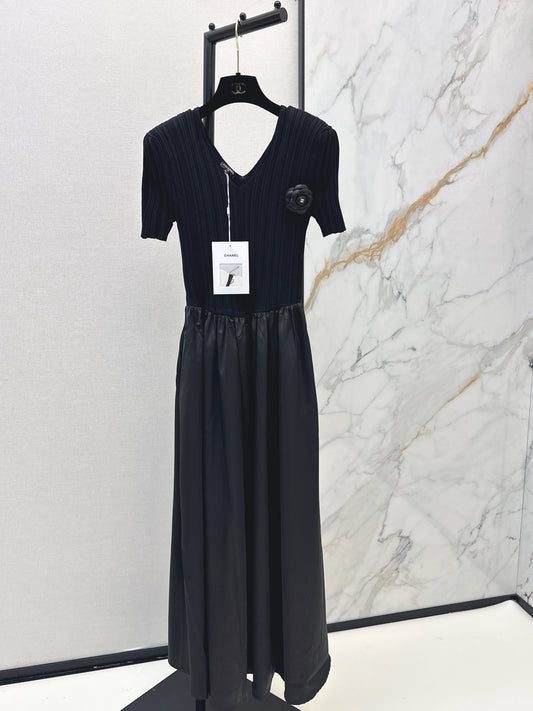 26ss Patchwork Style Long V-Neck Dress