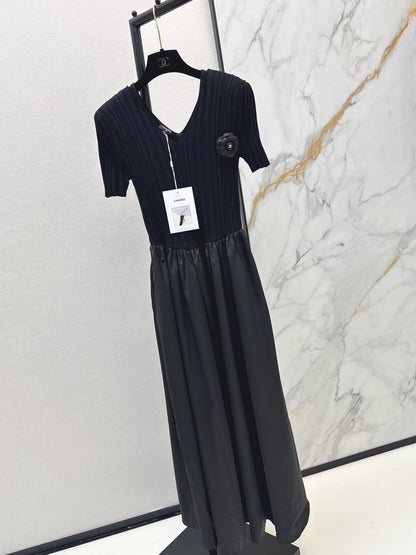 26ss Patchwork Style Long V-Neck Dress