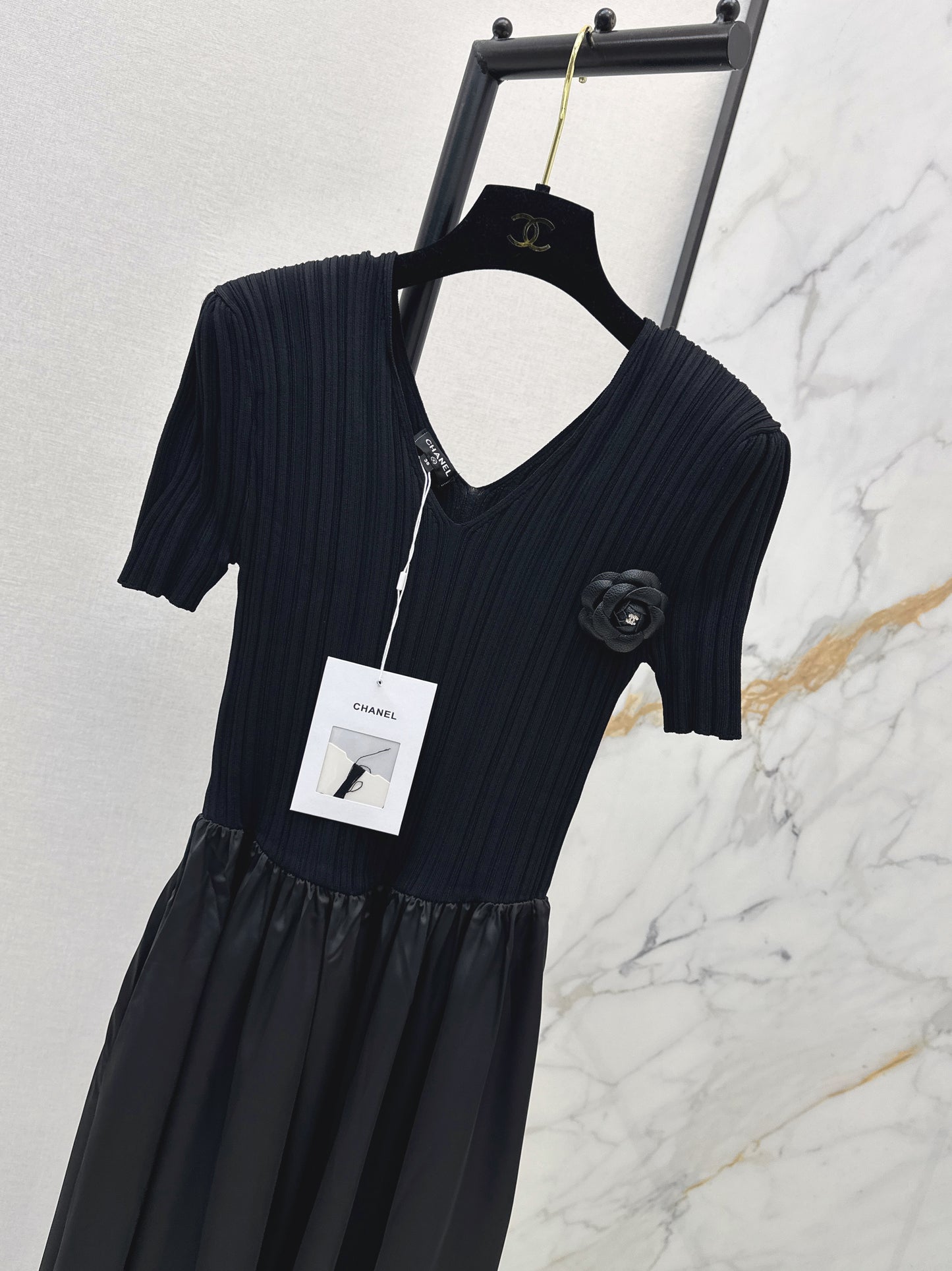 26ss Patchwork Style Long V-Neck Dress