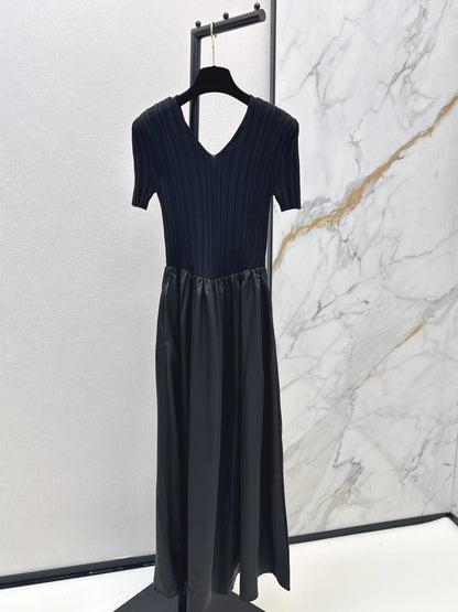 26ss Patchwork Style Long V-Neck Dress