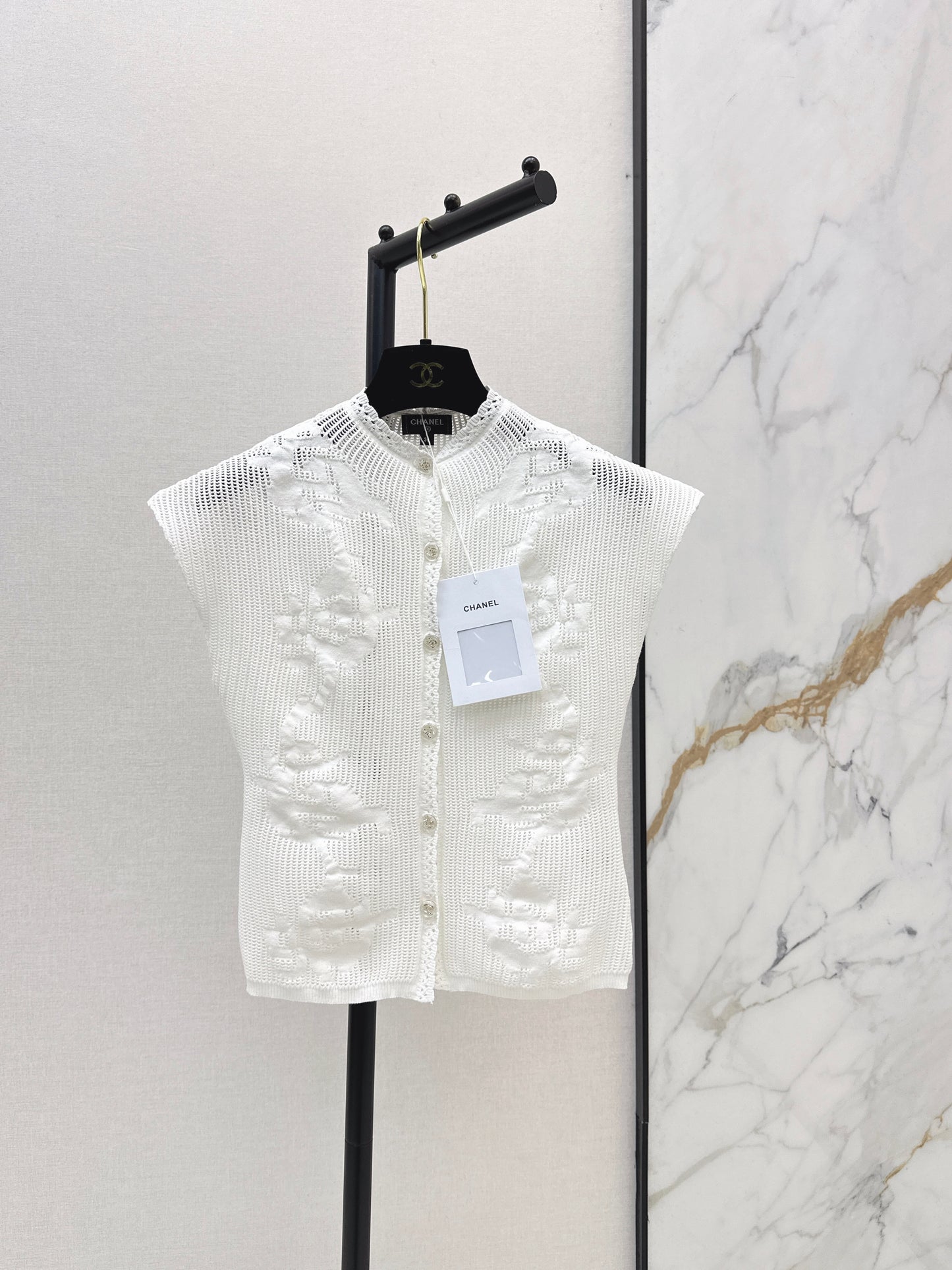 26ss Stand-collar drop-shoulder hollow-out top