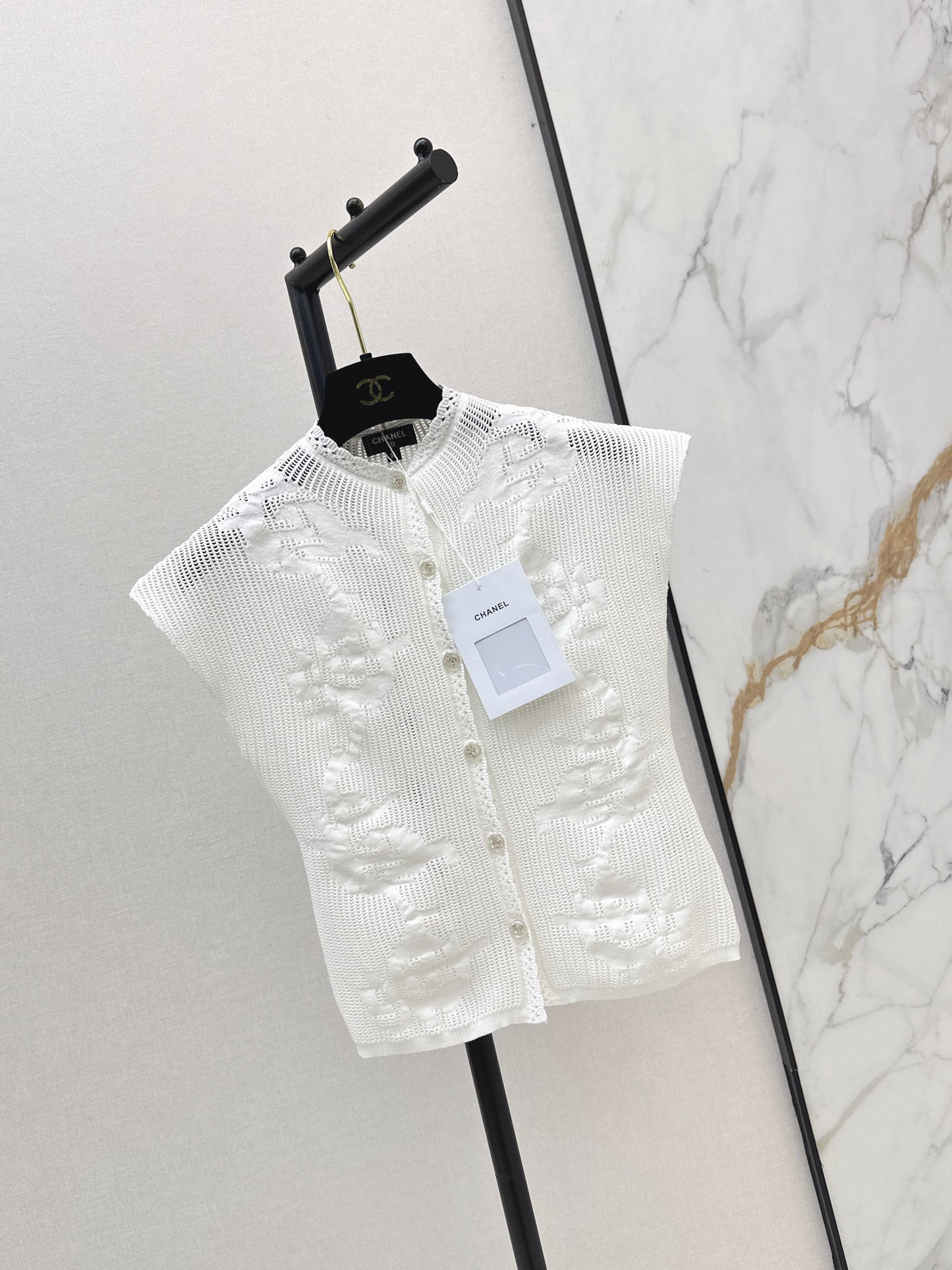 26ss Stand-collar drop-shoulder hollow-out top