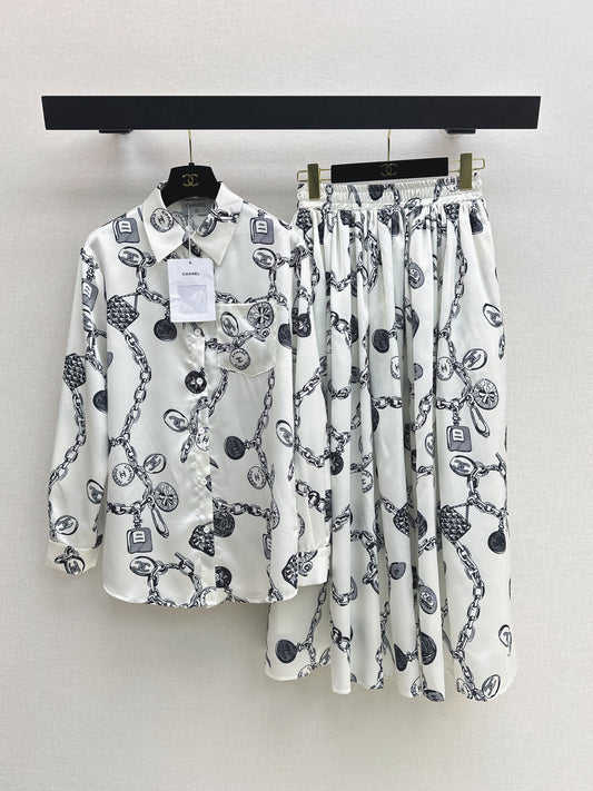 26ss Loose printed shirt / A-line skirt
