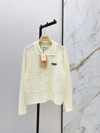 26ss Crochet Hollow Out Lapel Knit Cardigan