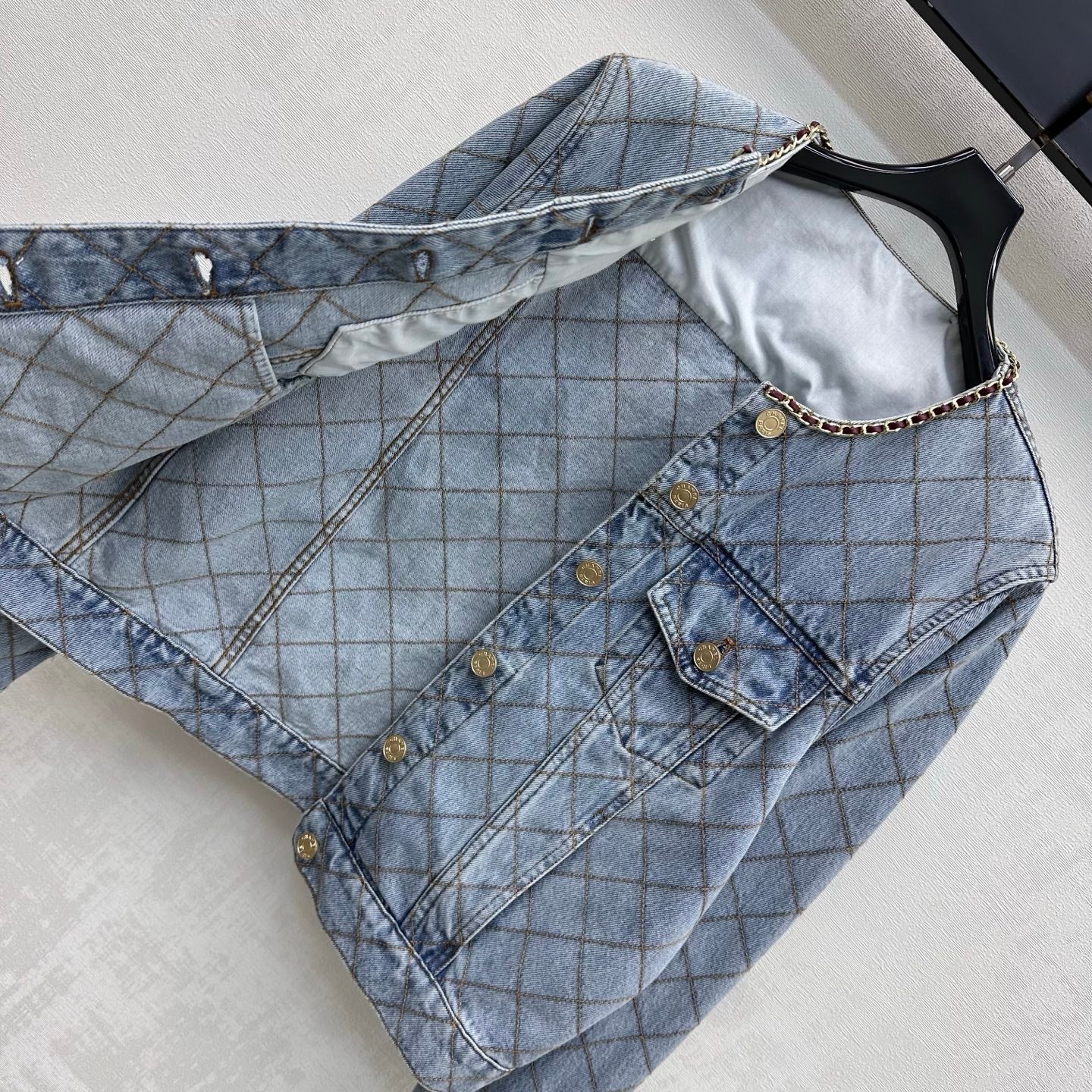 Quilted Denim Jacket with Chain Detail
