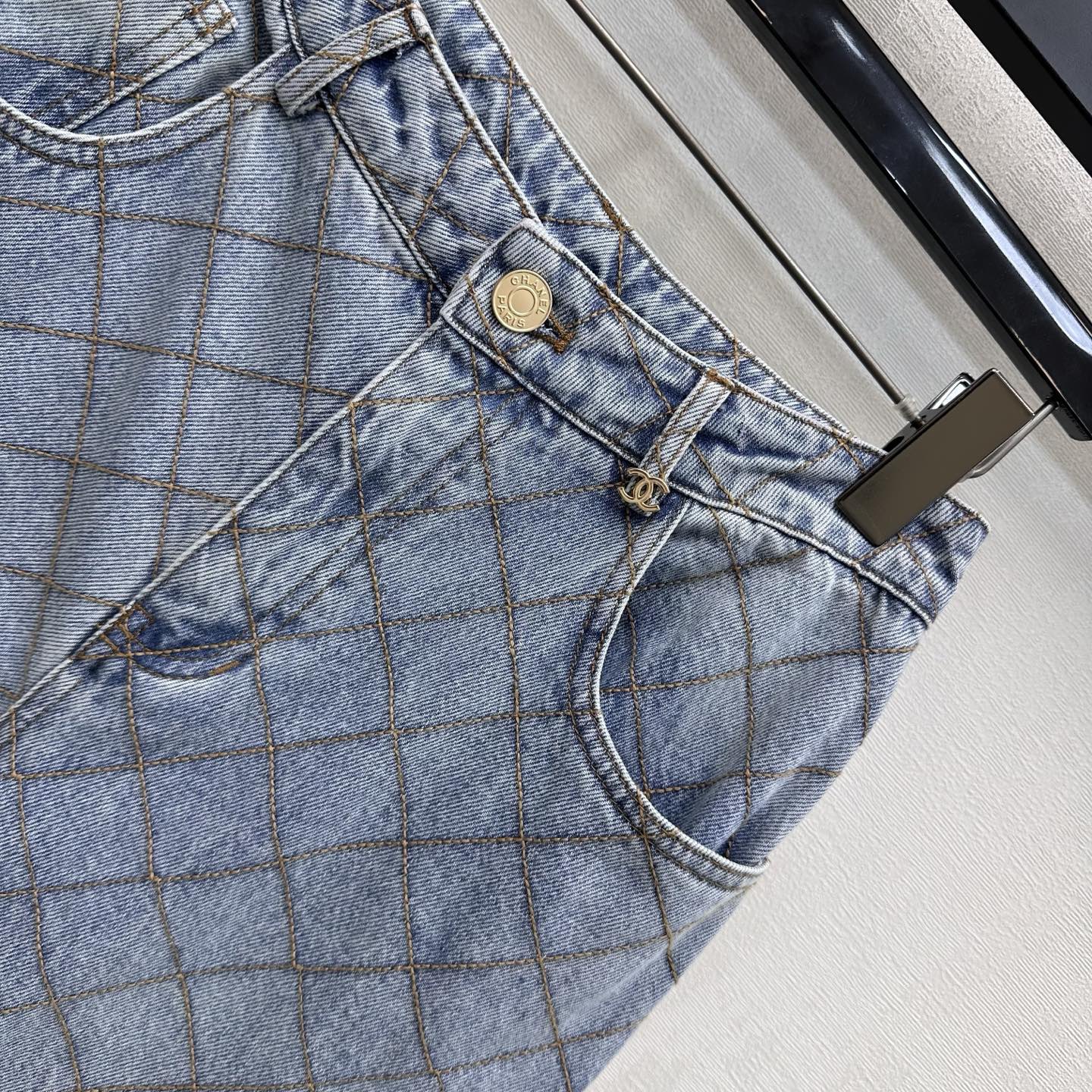 Quilted Denim Trousers with Chain Detail