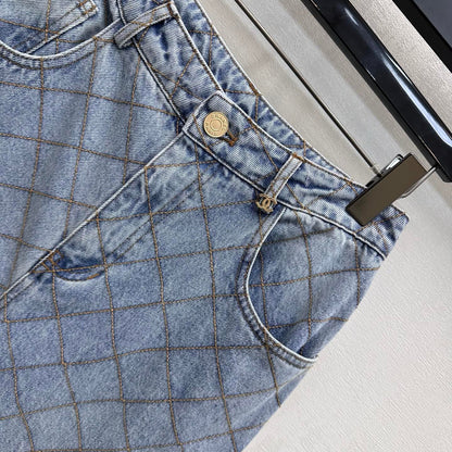 Quilted Denim Trousers with Chain Detail