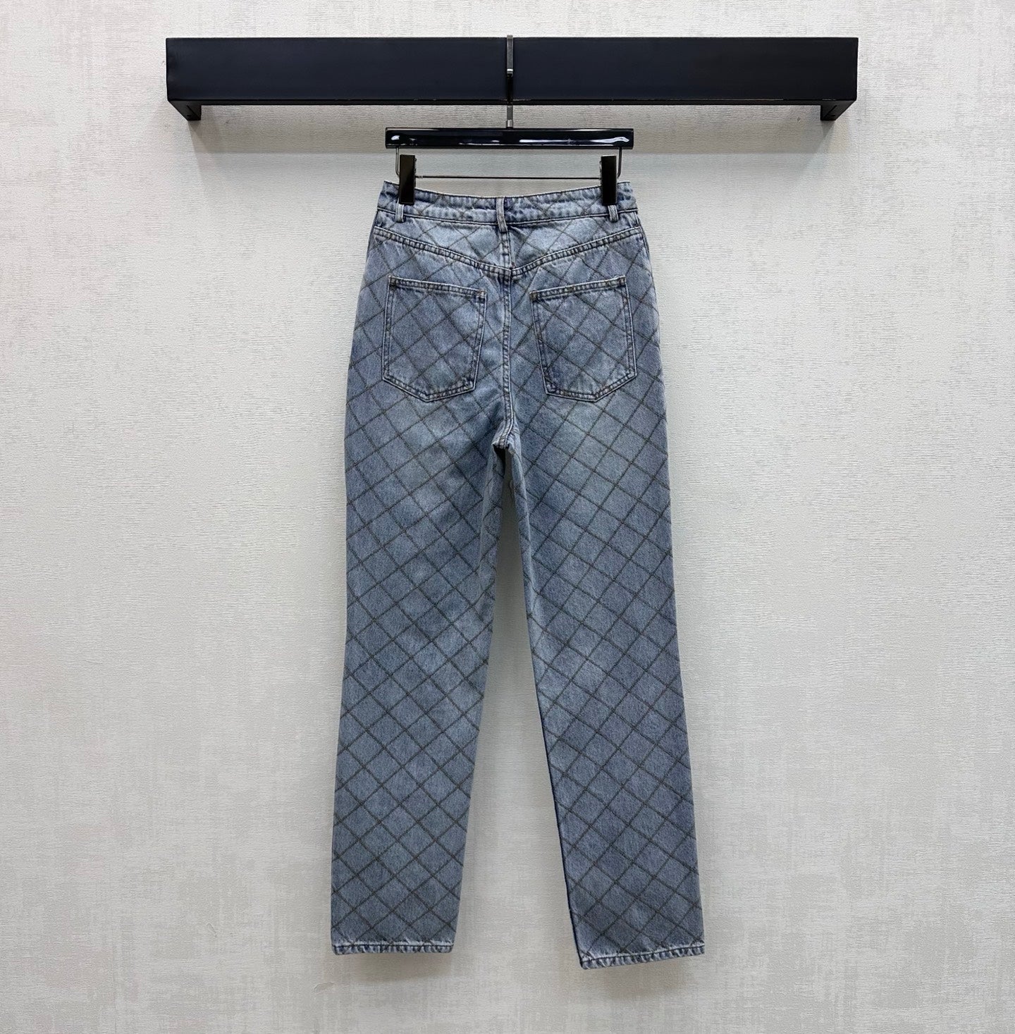 Quilted Denim Trousers with Chain Detail