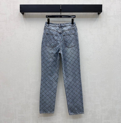 Quilted Denim Trousers with Chain Detail