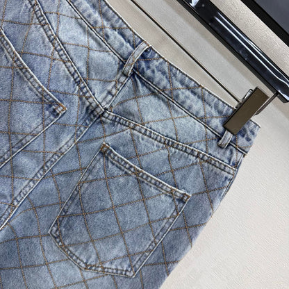 Quilted Denim Trousers with Chain Detail