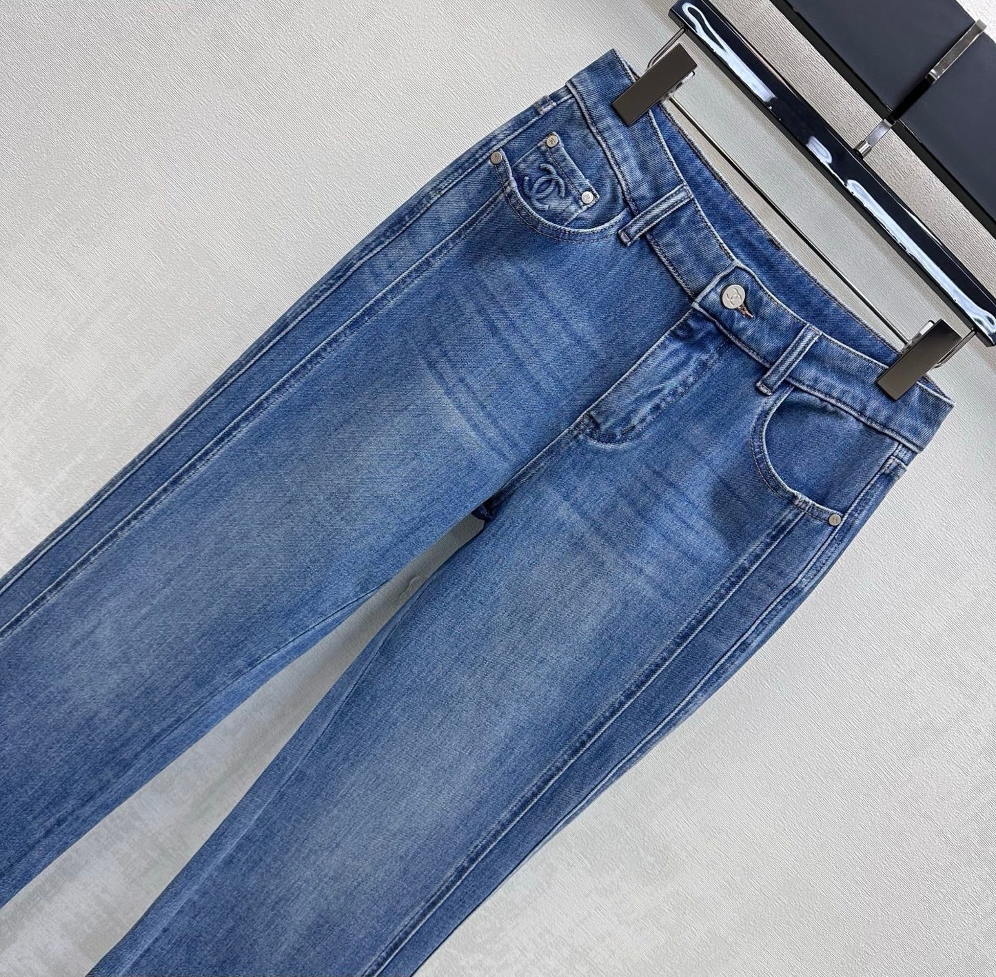 Leather-Patch Bootcut Denim Trousers
