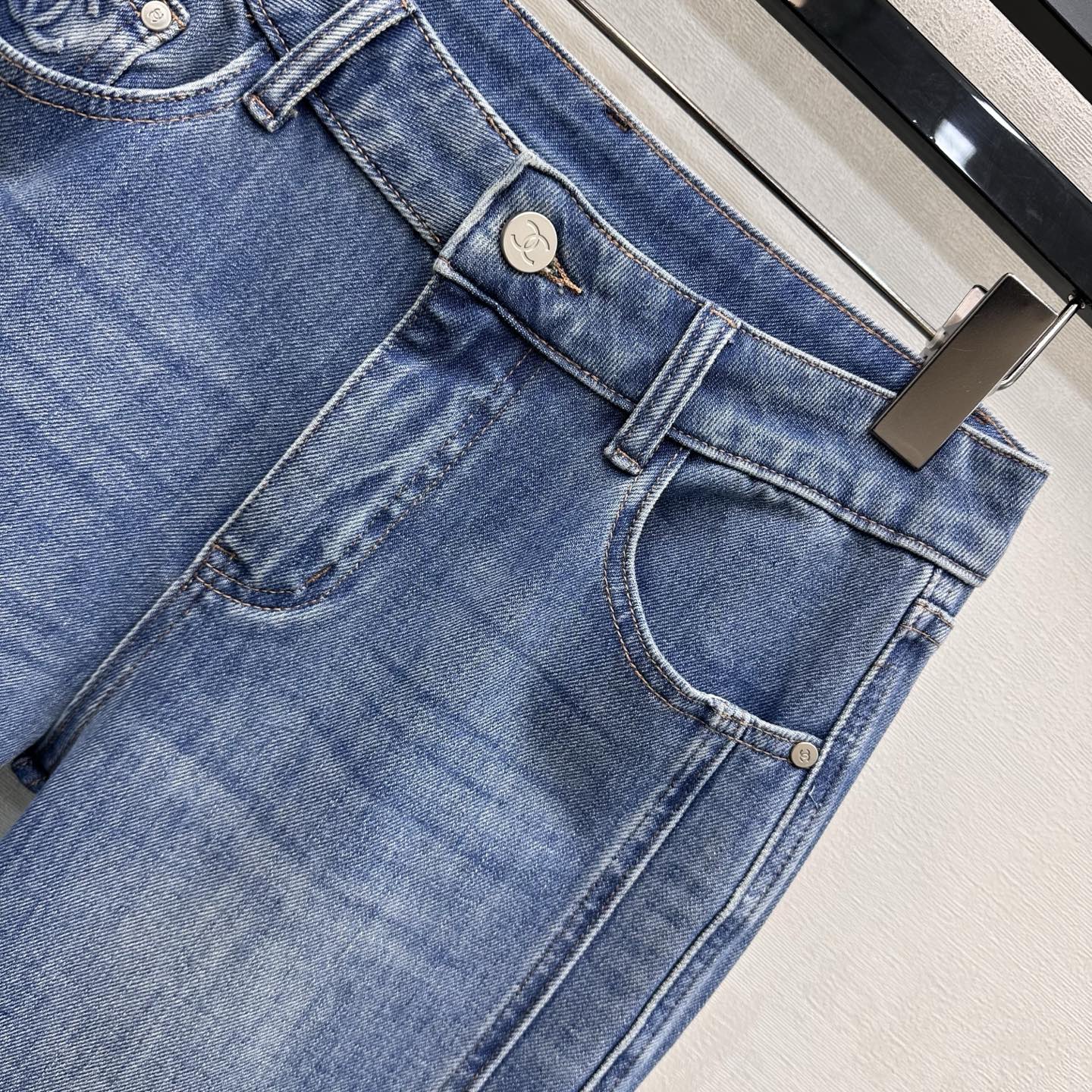 Leather-Patch Bootcut Denim Trousers