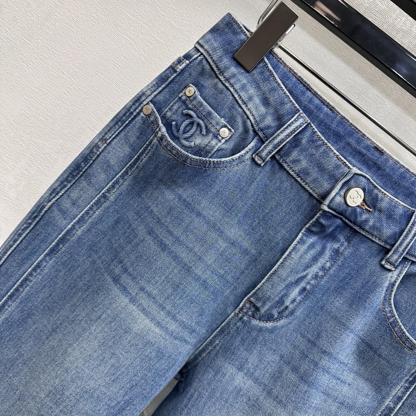 Leather-Patch Bootcut Denim Trousers
