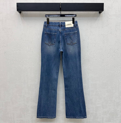 Leather-Patch Bootcut Denim Trousers