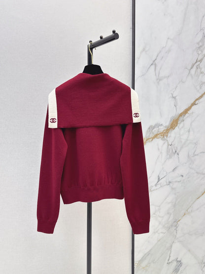 Color-block knit cardigan featuring a nautical-style collar