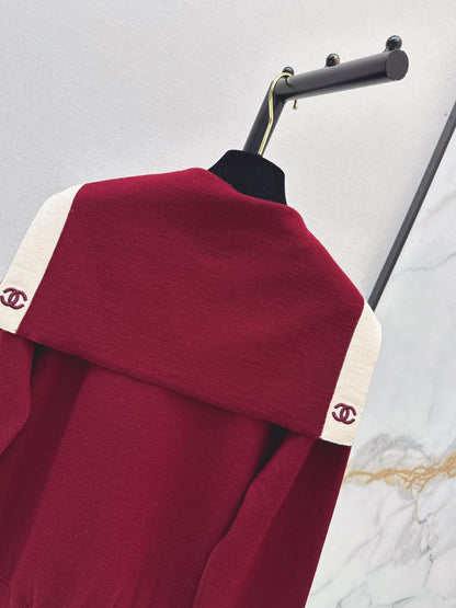 Color-block knit cardigan featuring a nautical-style collar