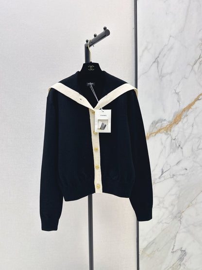 Color-block knit cardigan featuring a nautical-style collar