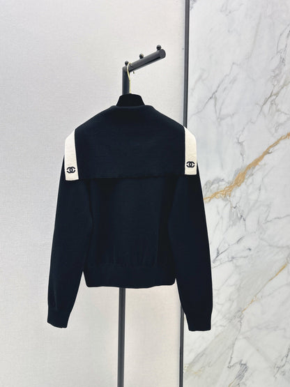 Color-block knit cardigan featuring a nautical-style collar