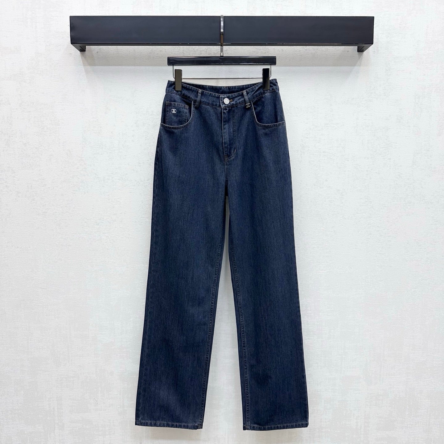 Leather-Patch Bootcut Denim Trousers