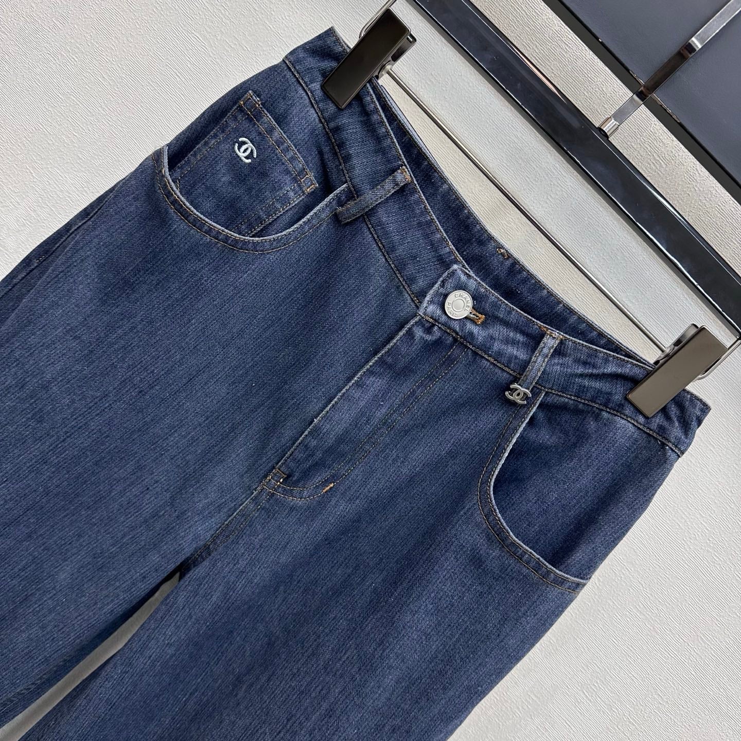 Leather-Patch Bootcut Denim Trousers
