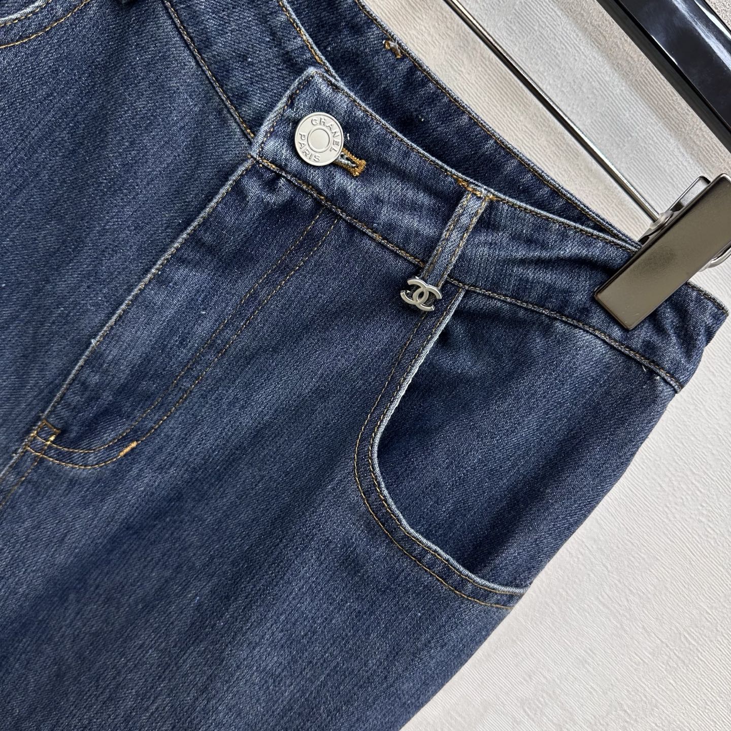 Leather-Patch Bootcut Denim Trousers