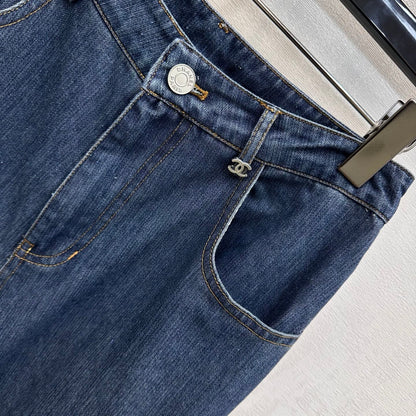 Leather-Patch Bootcut Denim Trousers