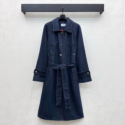Leather-Collared Denim Trench Coat