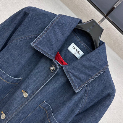 Leather-Collared Denim Trench Coat