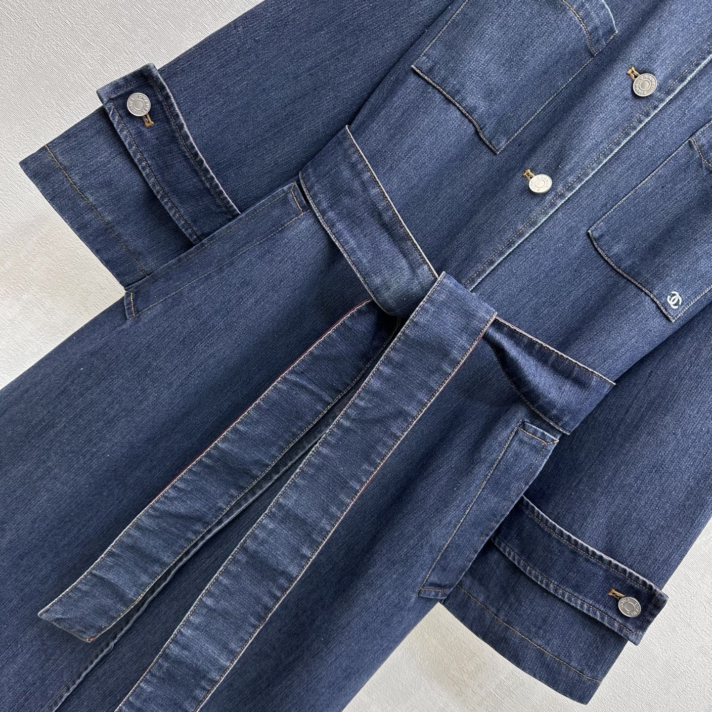 Leather-Collared Denim Trench Coat
